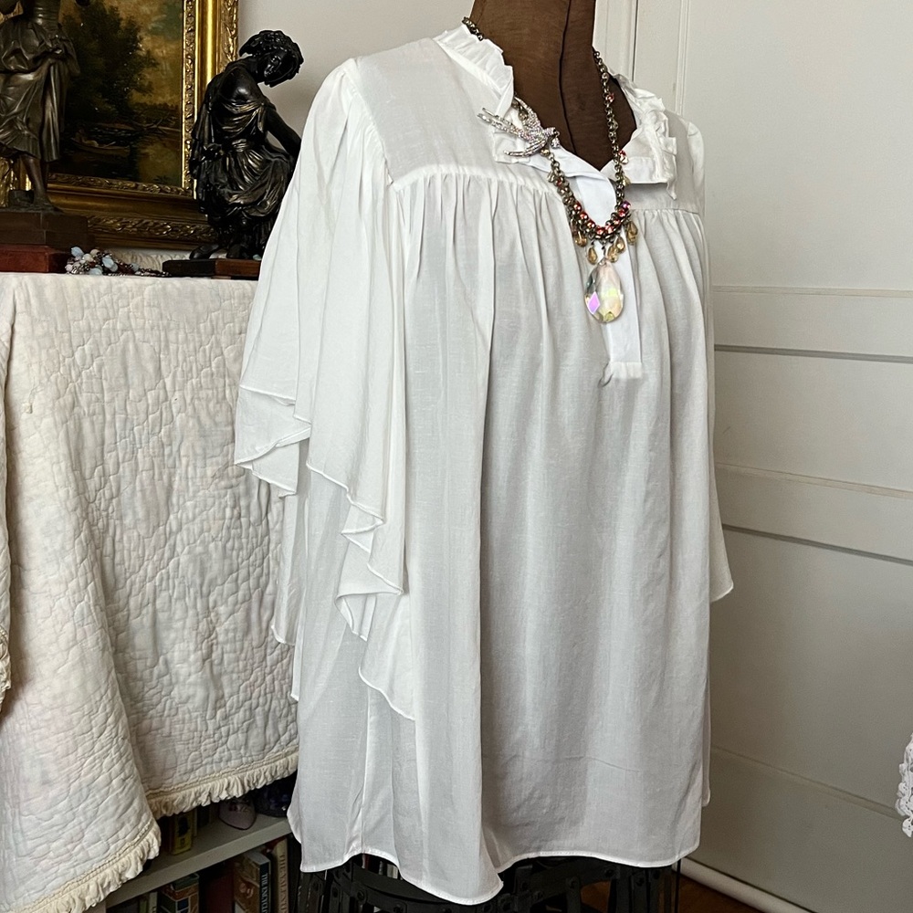 Bishop + Young White Ruffled Blouse Tencel Linen Blend - Picture 2 of 8
